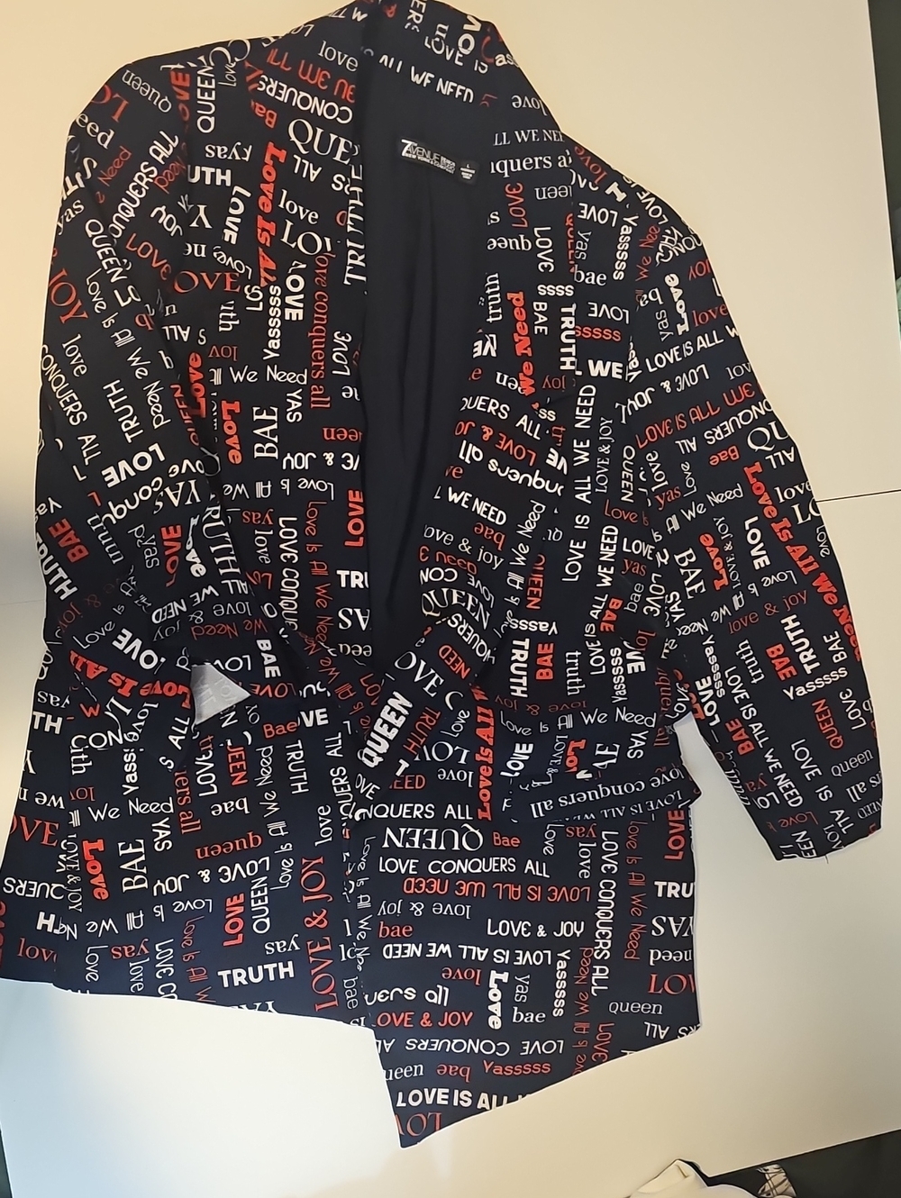 New York & Company Navy Script Print Blazer with Red and White Text